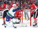 Vancouver Canucks centre Teddy Blueger celebrates after scoring against the Blackhawks in Chicago on March 6, 2026.