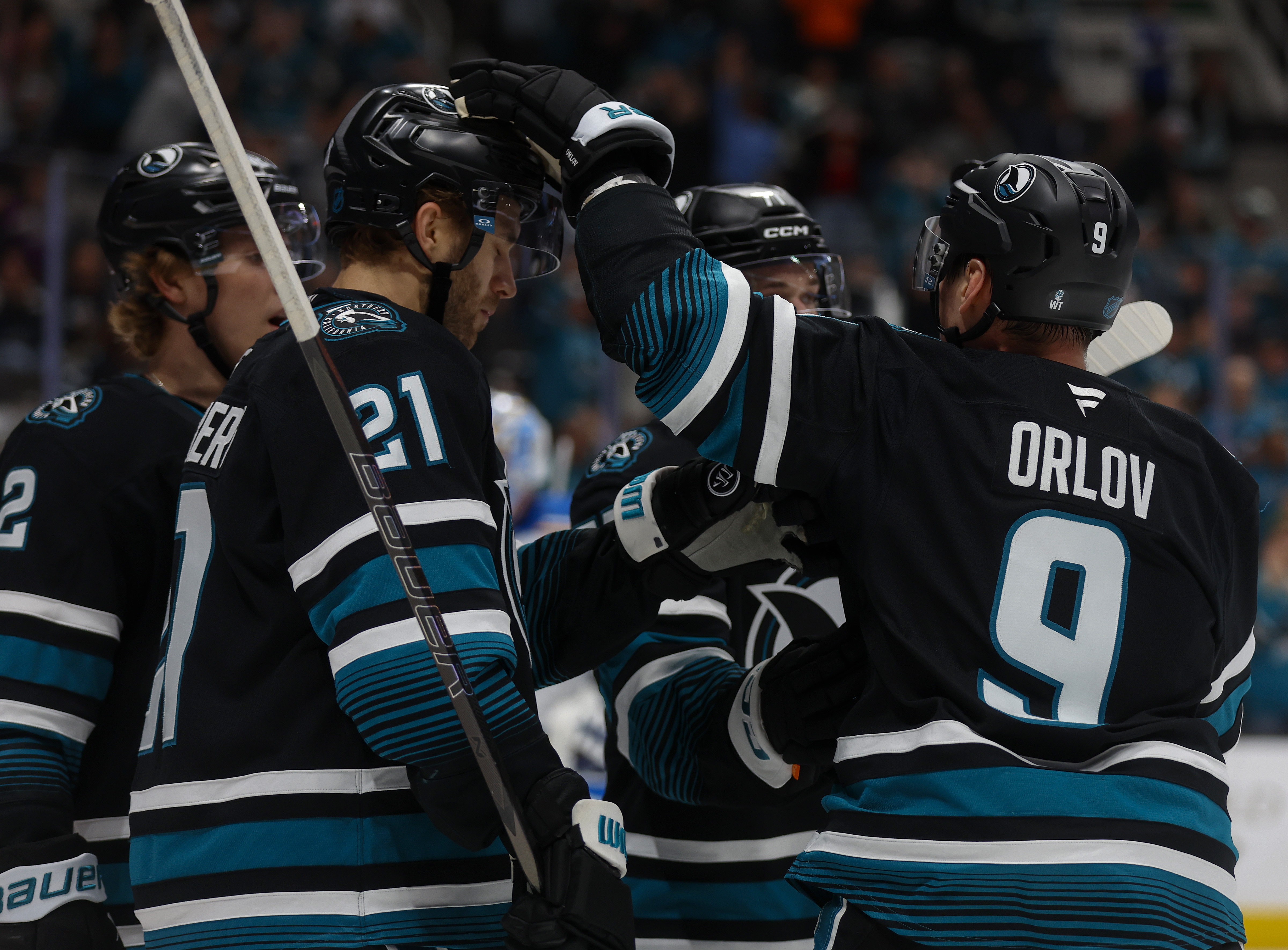 San Jose Sharks' Alexander Wennberg (21) is congratulated on his...