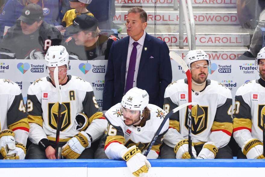 FILE - Vegas Golden Knights head coach Bruce Cassidy looks on during the third period of an NHL hockey game against the Buffalo Sabres, March 3, 2026, in Buffalo, N.Y. (AP Photo/Jeffrey T. Barnes, File)