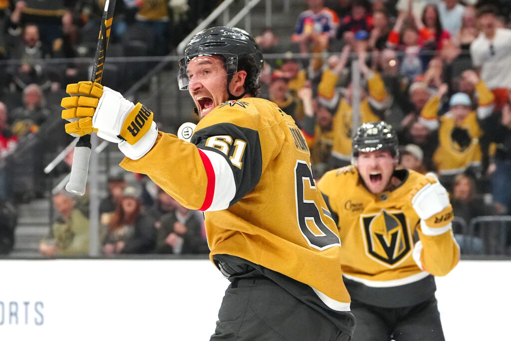 Vegas Golden Knights right wing Mark Stone (61) celebrates at T-Mobile Arena.