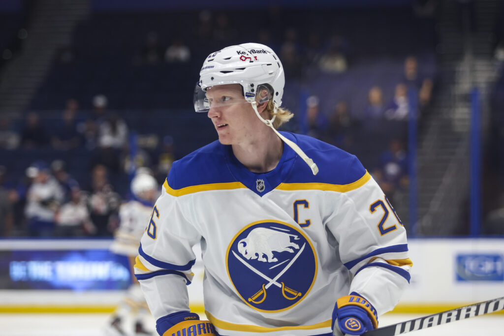 Buffalo Sabres defenseman Rasmus Dahlin (26) before the game at Benchmark International Arena.