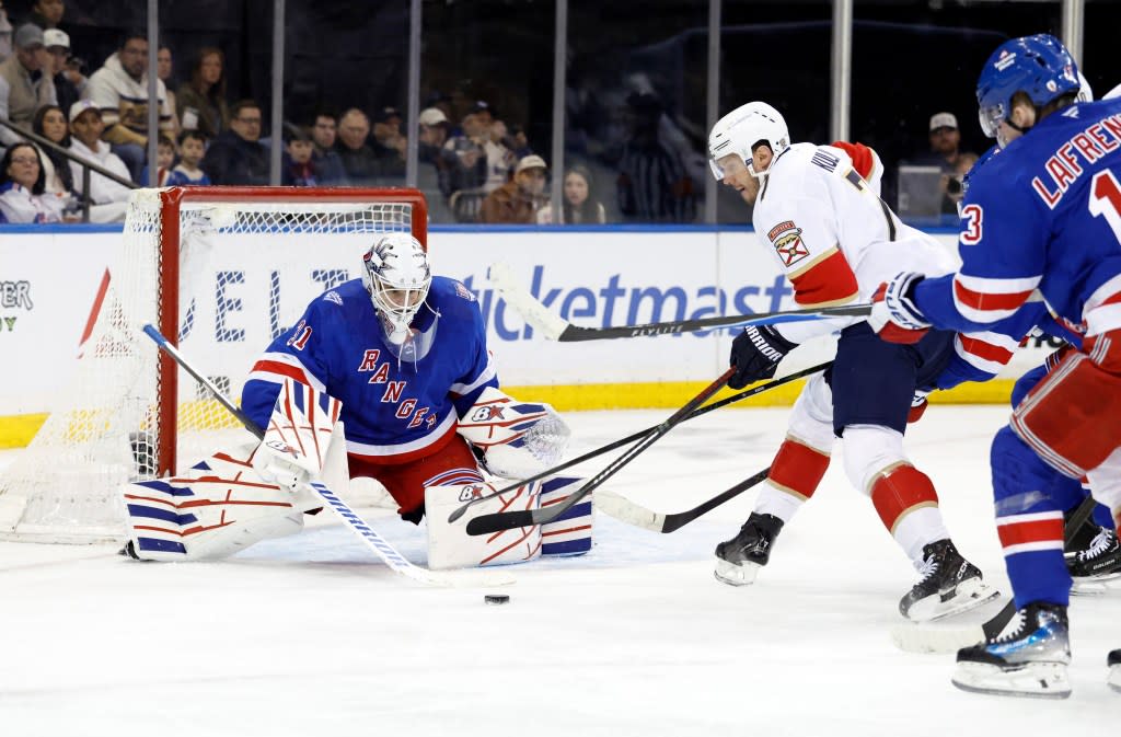 Rangers goaltender Igor Shesterkin (31)makes a save on a shot by the Florida Panthers defenseman Dmitry Kulikov (7) on March 29, 2026. JASON SZENES FOR THE NEW YORK POST
