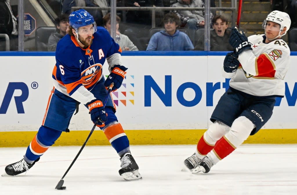 Ryan Pulock makes a pass during the Islanders’ 5-4 win over the Panthers at UBS Arena on March 1, 2026. ennis Schneidler-Imagn Images