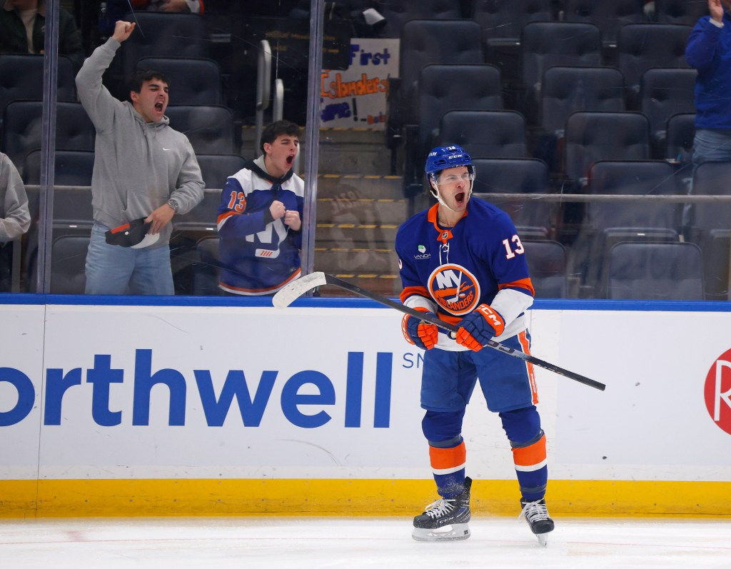 Mathew Barzal #13 of the New York Islanders reacts after he scores a goal during the first period when the New York Islanders played the Nashville Predators Saturday, January 31, 2026 at UBS Arena in Elmont, NY. 