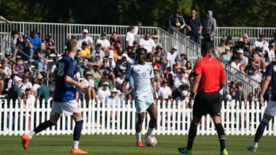 The Chicago Fire's Dje D'Avilla against the LA Galaxy at the Coachella Valley Invitational in Indio, California