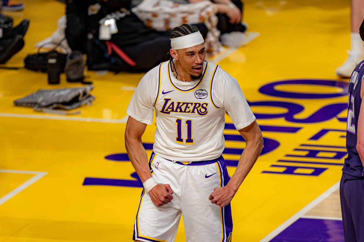 Los Angeles Lakers center Jaxson Hayes (11) celebrating his dunk during an NBA basketball game against the Sacramento Kings on March 1st, 2026 in Los Angeles, CA.