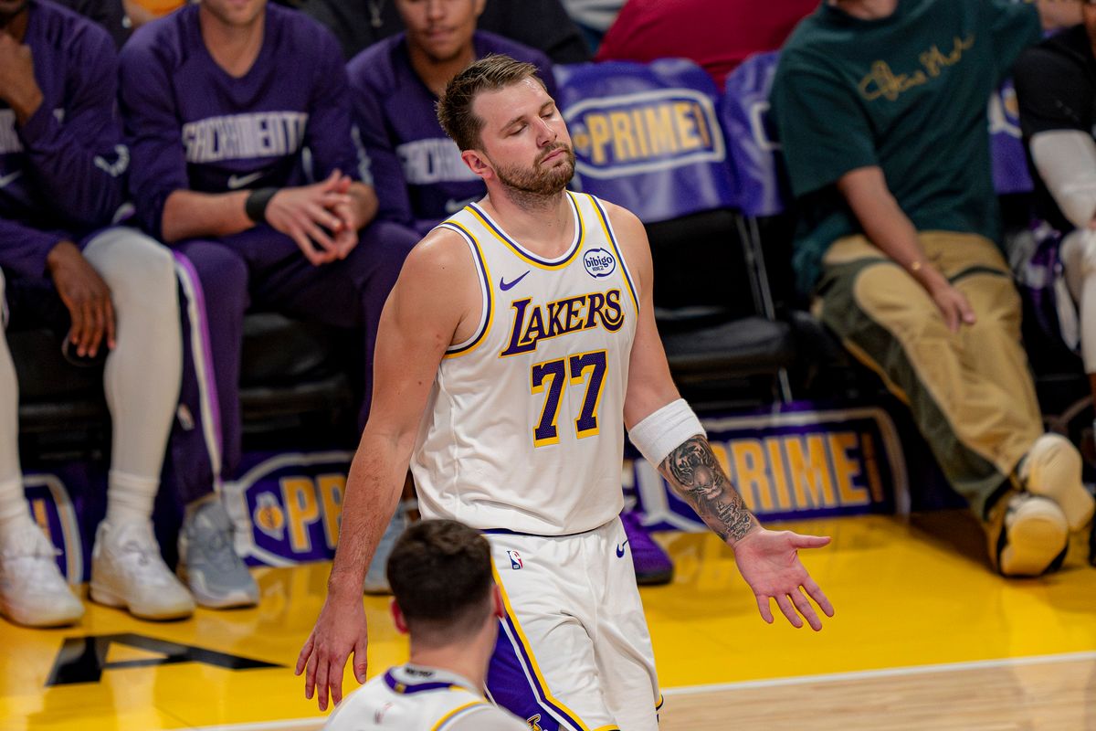 Los Angeles Lakers guard Luka Doncic (77) annoyed that he was called for a foul during an NBA basketball game against the Sacramento Kings on March 1st, 2026 in Los Angeles, CA.