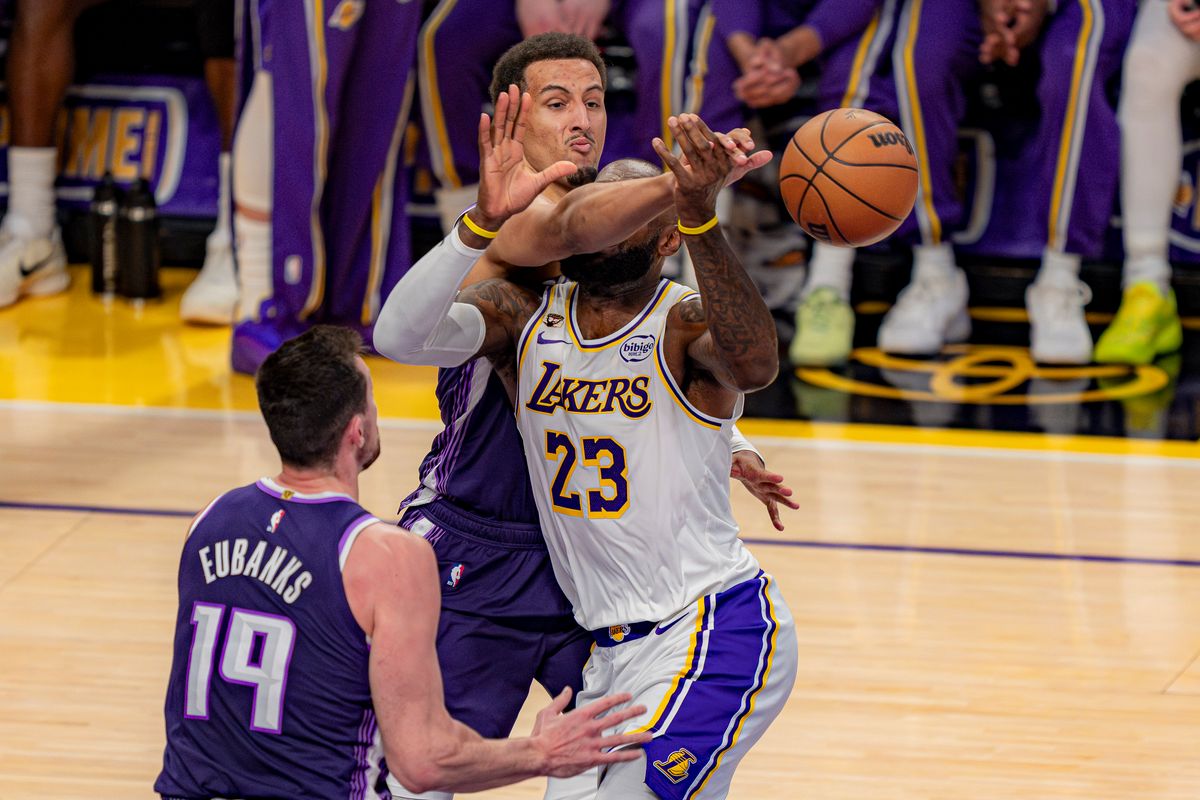 Los Angeles Lakers forward LeBron James (23) being fouled during an NBA basketball game against the Sacramento Kings on March 1st, 2026 in Los Angeles, CA.