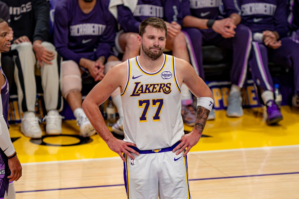 Los Angeles Lakers guard Luka Doncic (77) disappointed at a foul call during an NBA basketball game against the Sacramento Kings on March 1st, 2026 in Los Angeles, CA.