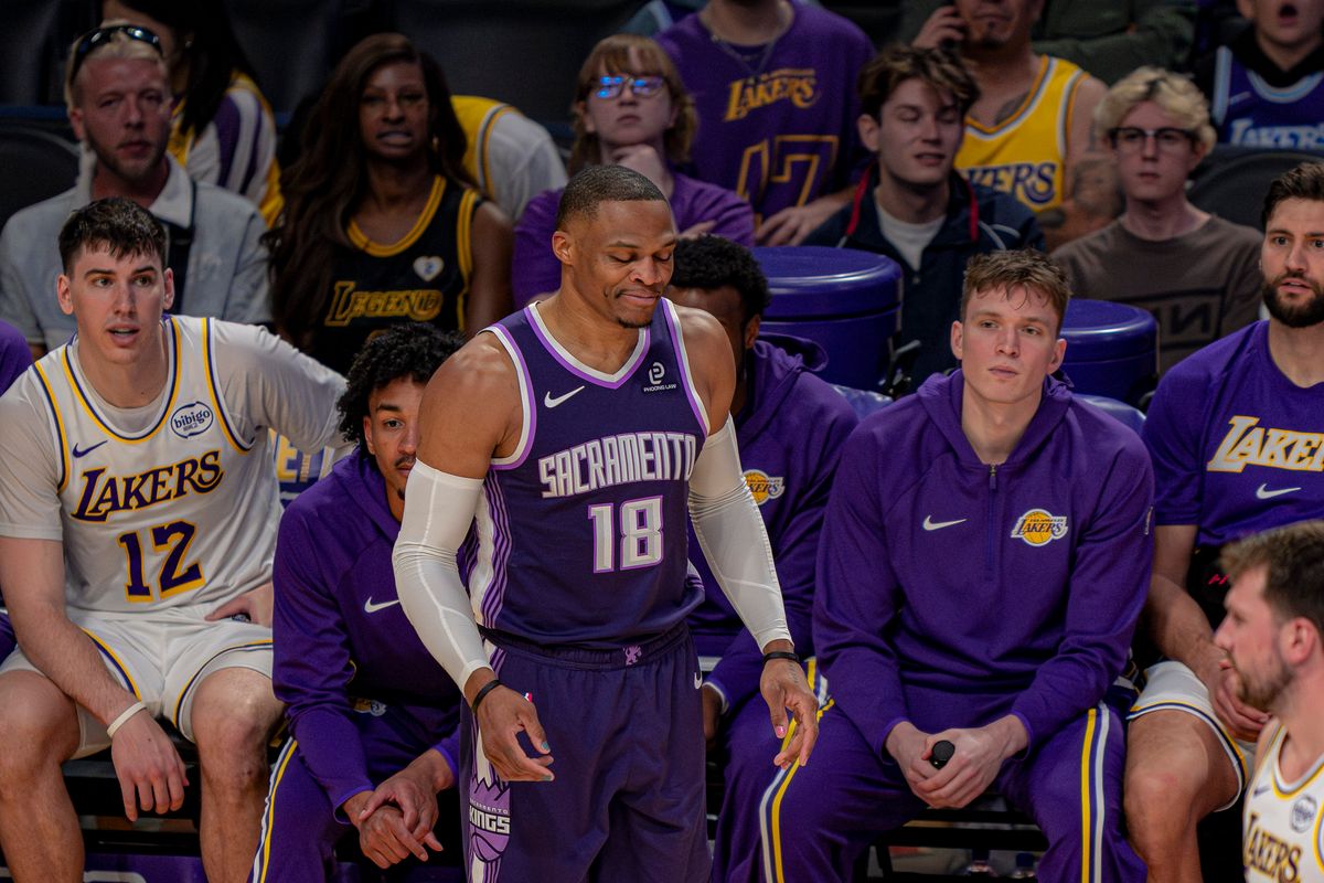 Sacramento Kings guard Russell Westbrook (18) disappointed over missing a 3-pointer during an NBA basketball game against the Los Angeles Lakers on March 1st, 2026 in Los Angeles, CA.