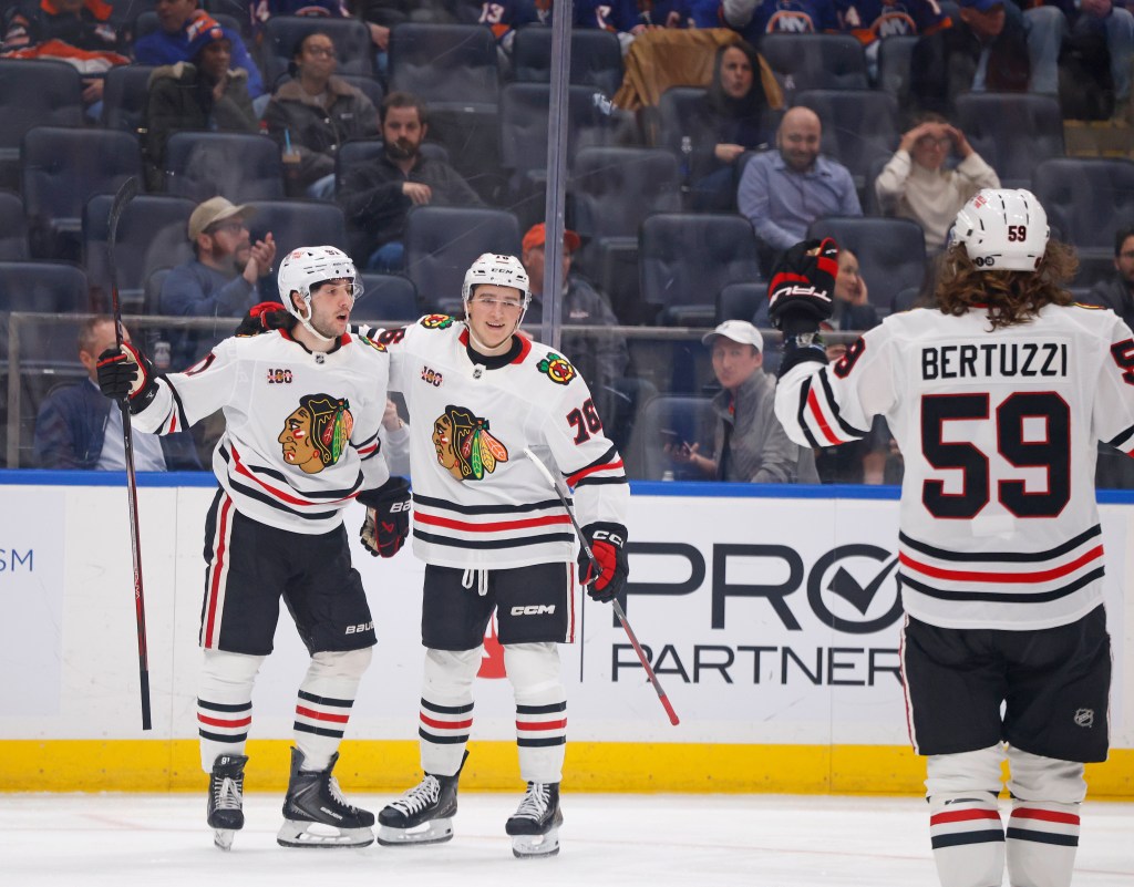 Chicago Blackhawks center Frank Nazar (91) scores a goal during the second period when the New York Islanders played the Chicago Blackhawks Tuesday, March 24, 2026 at UBS Arena in Elmont, NY. 