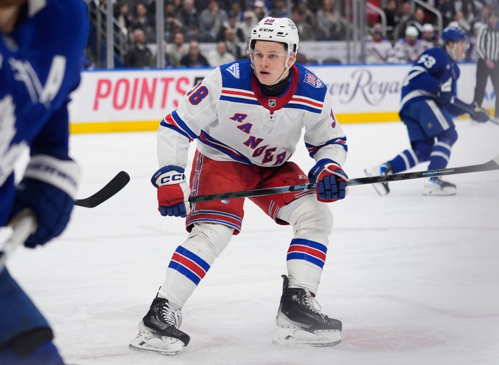 New York Rangers forward Adam Sykora (38) skates against the Toronto Maple Leafs during the second period at Scotiabank Arena.
