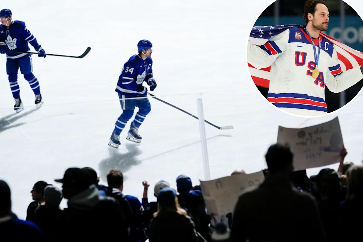 An image collage containing 2 images, Image 1 shows Auston Matthews Winter Olympics Maple Leafs, Image 2 shows Auston Matthews Team USA