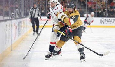 Washington Capitals left wing Aliaksei Protas (21) and Vegas Golden Knights defenseman Jeremy L ...