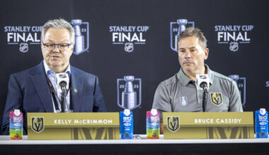 Golden Knights general manager Kelly McCrimmon and head coach Bruce Cassidy attend a news confe ...