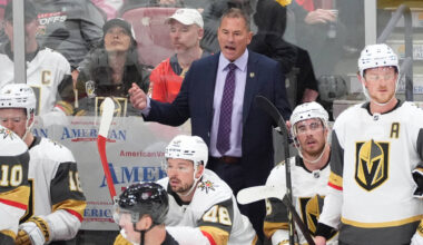 Vegas Golden Knights head coach Bruce Cassidy reacts during the third period of an NHL hockey g ...
