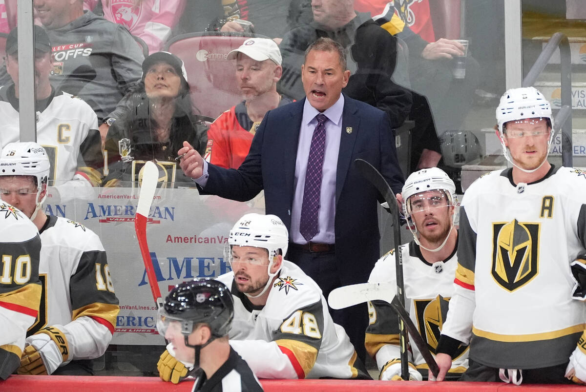 Vegas Golden Knights head coach Bruce Cassidy reacts during the third period of an NHL hockey g ...