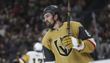 Golden Knights right wing Mark Stone (61) looks on during the first period of an NHL hockey gam ...