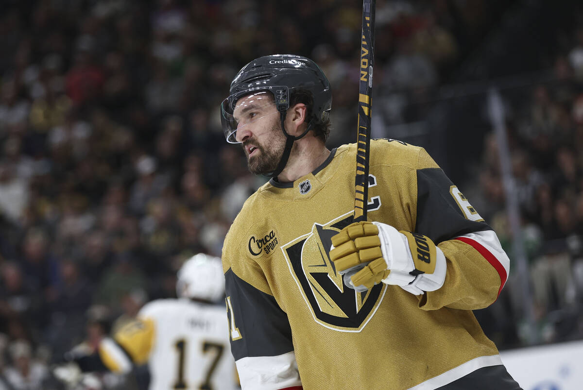 Golden Knights right wing Mark Stone (61) looks on during the first period of an NHL hockey gam ...