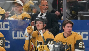 Vegas Golden Knights head coach John Tortorella, center top, looks on during the first period o ...