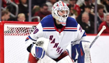 CHICAGO, ILLINOIS - JANUARY 05: Louis Domingue #70 of the New York Rangers tends the net against the Chicago Blackhawks during the third period at the United Center on January 05, 2025 in Chicago, Illinois. (Photo by Michael Reaves/Getty Images)
