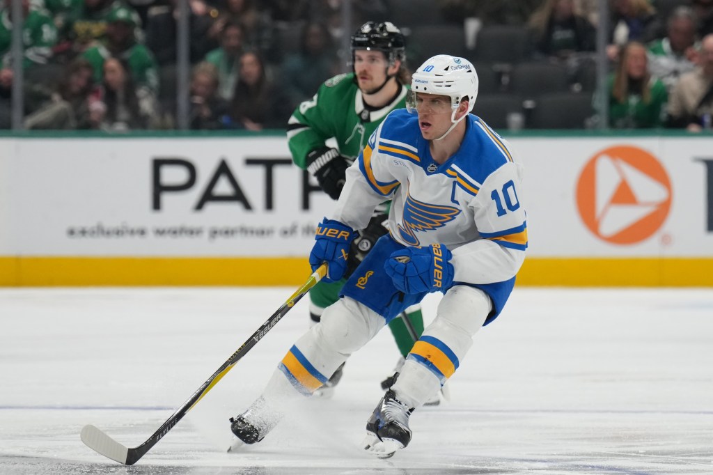 Brayden Schenn #10 of the St. Louis Blues skates against the Dallas Stars at the American Airlines Center on February 4, 2026 in Dallas, Texas.