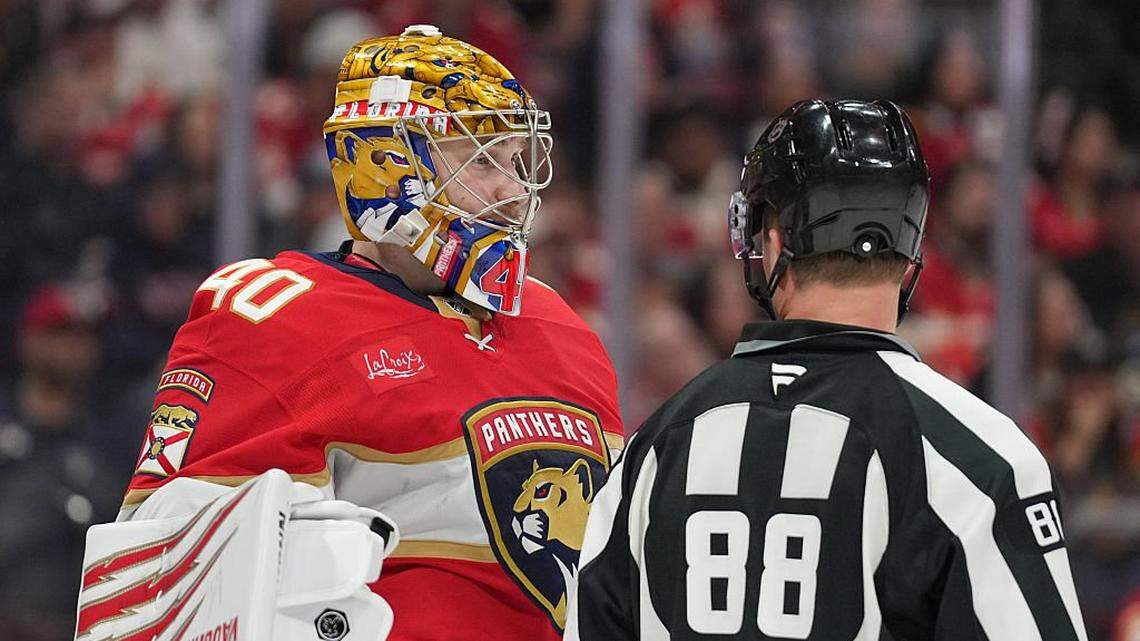 SUNRISE, FL - FEBRUARY 27: an official checks on Florida Panthers goaltender Daniil Tarasov (40) after he takes a stick to the face in the second period during the game between the Buffalo Sabres and the Florida Panthers on Friday, February 27, 2026 at Amerant Bank Arena in Sunrise, FL (Photo by Peter Joneleit/Icon Sportswire via Getty Images)
