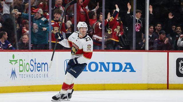 SUNRISE, FLORIDA - MARCH 10: Carter Verhaeghe #23 of the Florida Panthers celebrates a goal against the Detroit Red Wings during the third period at Amerant Bank Arena on March 10, 2026 in Sunrise, Florida. (Photo by Tomas Diniz Santos/Getty Images)