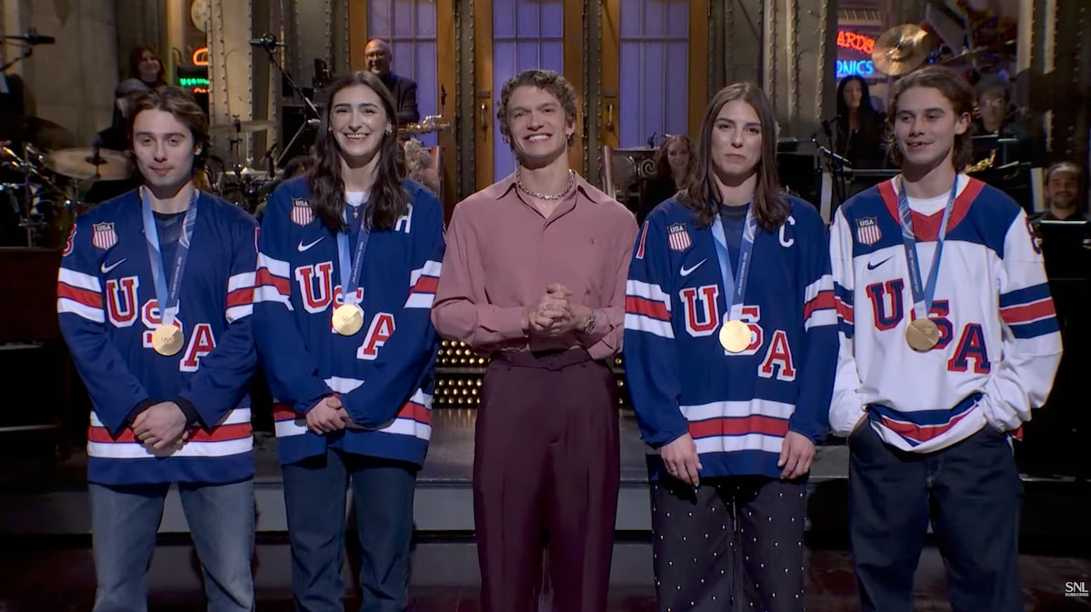 Connor Storrie Surprises with Team USA Hockey Olympians on 'SNL'