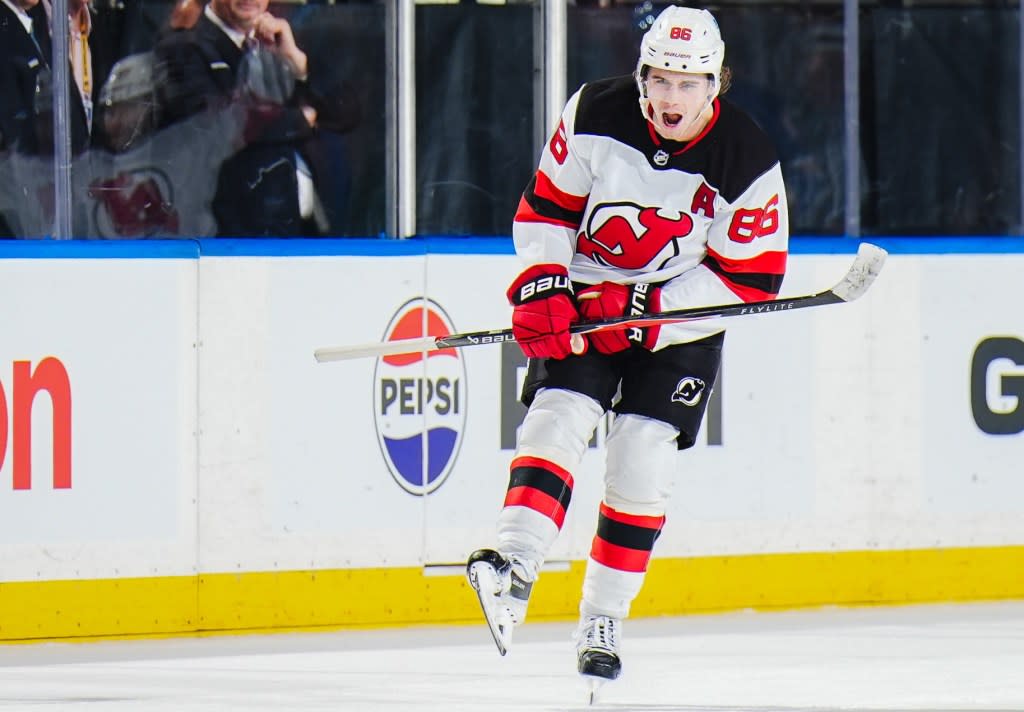 Jack Hughes celebrates after scoring a third period goal in the Devils’ 6-3 win over the Rangers on March 18, 2026 at the Garden. NHLI via Getty Images