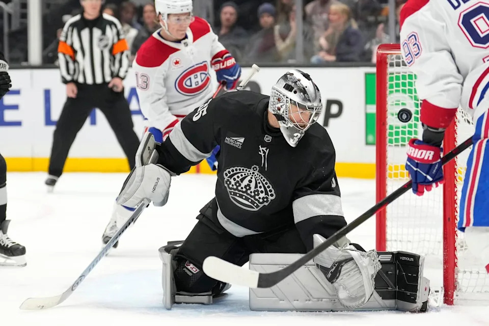 Montreal forward Juraj Slafkovsky scores on Kings goaltender Darcy Kuemper during the third period Saturday.