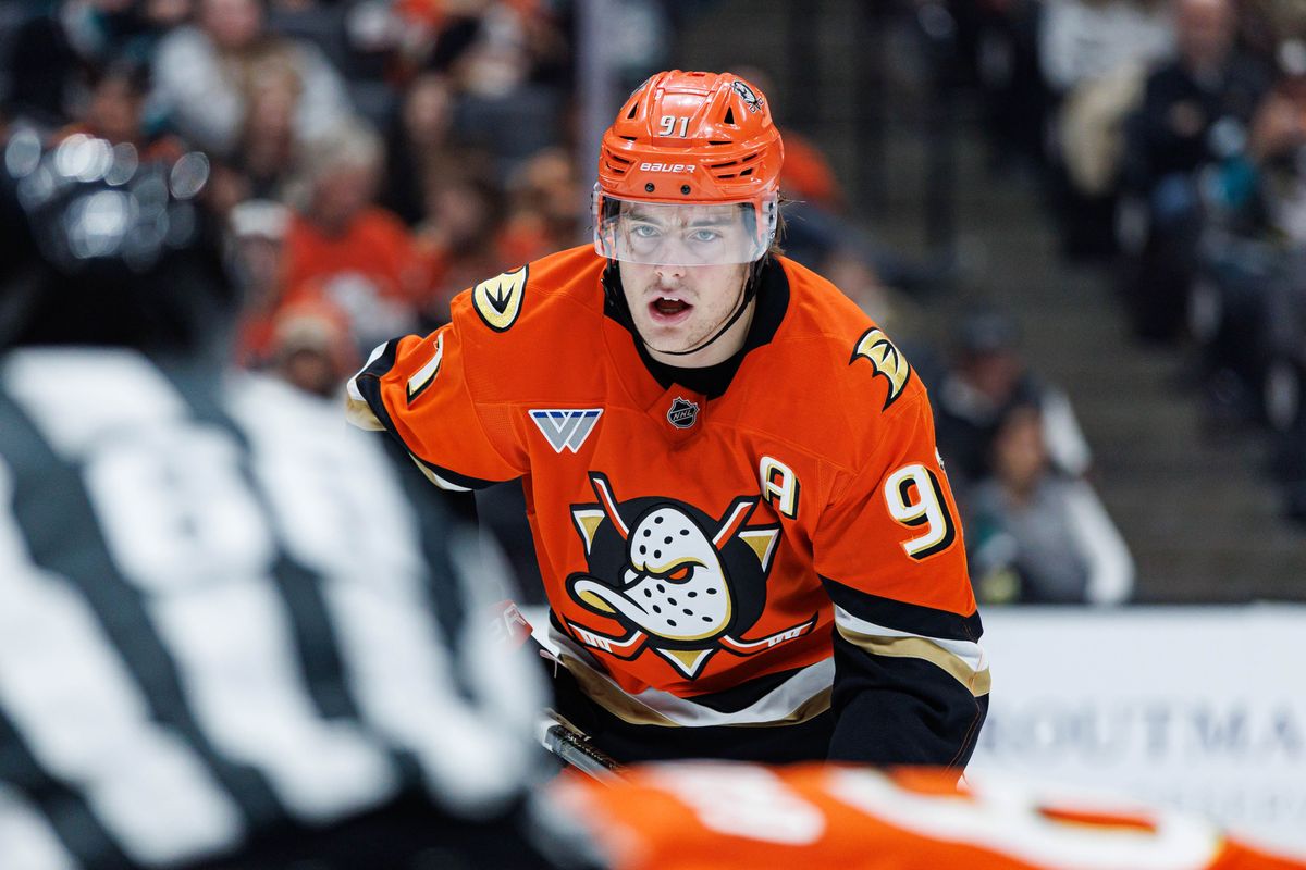 Anaheim Ducks center Leo Carlsson (91) waits for the puck to drop during an NHL match against the Calgary Flames on March 1, 2026 in Anaheim, California.