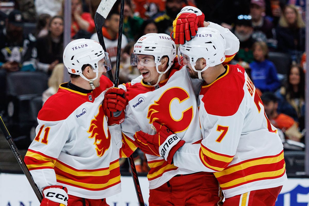 Calgary Flames center Yegor Sharangovich (17) celebrates after scoring a goal during an NHL match against the Anaheim Ducks on March 1, 2026 in Anaheim, California.