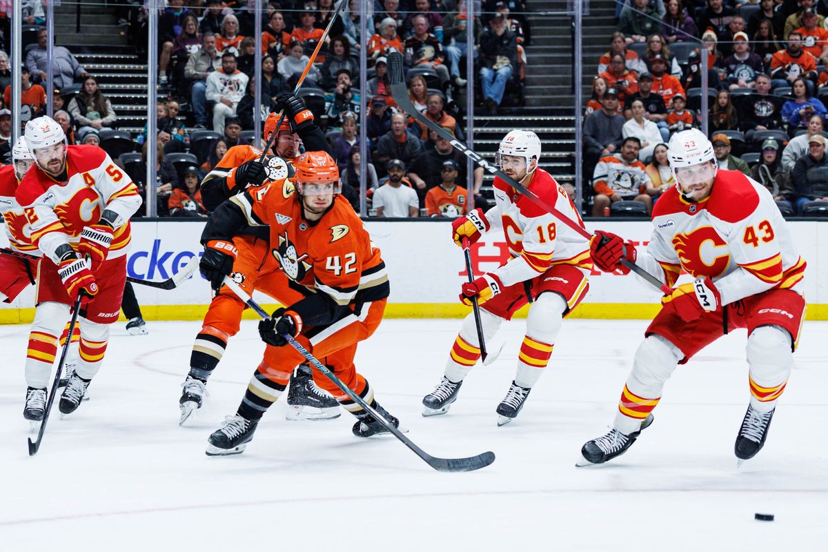 Anaheim Ducks center Tim Walshe (42) skates towards the puck during an NHL match against the Calgary Flames on March 1, 2026 in Anaheim, California.