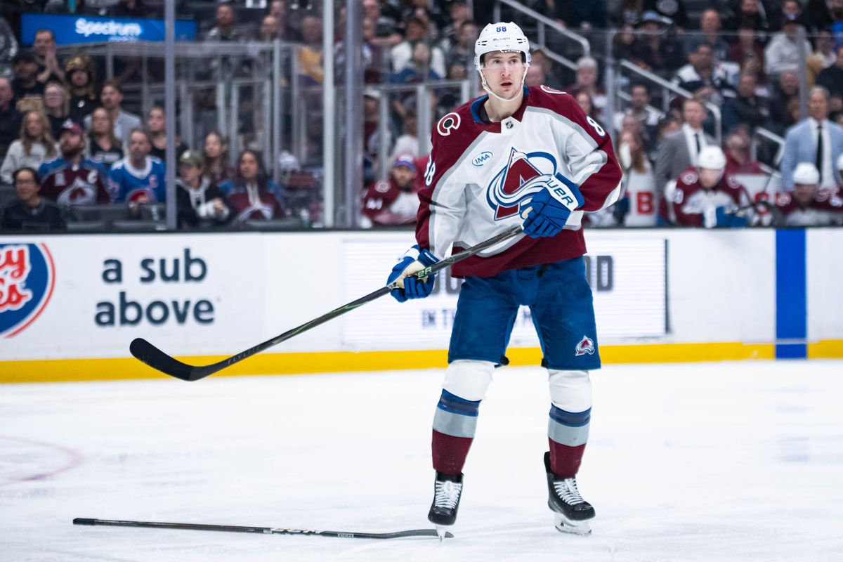 Colorado Avalanche center Brock Nelson (88) stands next to a fallen stick during an NHL match against the Los Angeles Kings on March 2, 2026 in Los Angeles, California. Colorado Avalanche center Brock Nelson (88) stands next to a fallen stick during an NHL match against the Los Angeles Kings on March 2, 2026 in Los Angeles, California.