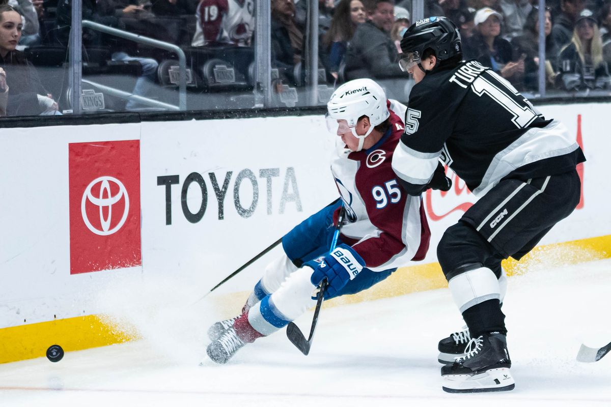 Colorado Avalanche left wing Victor Olofsson (95) goes for the puck during an NHL match against the Los Angeles Kings on March 2, 2026 in Los Angeles, California. Colorado Avalanche left wing Victor Olofsson (95) goes for the puck during an NHL match against the Los Angeles Kings on March 2, 2026 in Los Angeles, California.