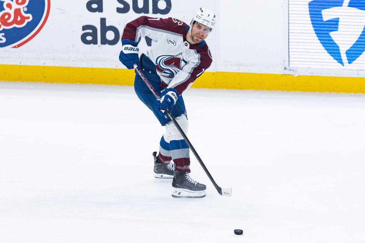 Colorado Avalanche defenseman Devon Toews (7) passes the puck during an NHL match against the Los Angeles Kings on March 2, 2026 in Los Angeles, California. Colorado Avalanche defenseman Devon Toews (7) passes the puck during an NHL match against the Los Angeles Kings on March 2, 2026 in Los Angeles, California.