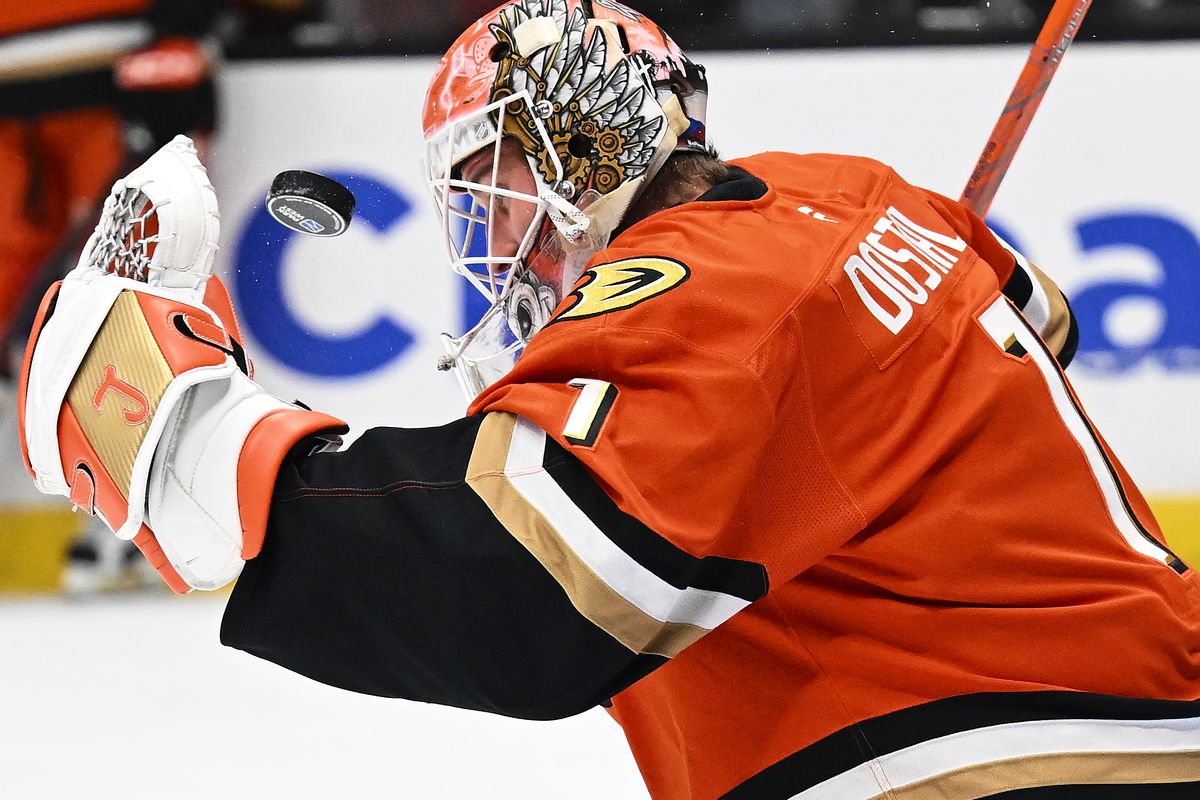 The Anaheim Ducks goaltender Lukas Dostal (1) defends the net during an NHL game against The Colorado Avalanche, March 3rd, 2026 in Anaheim California.