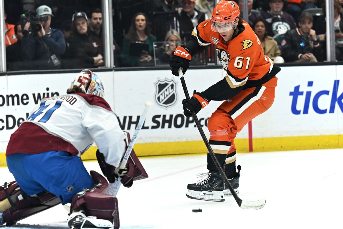 The Anaheim Ducks left wing Cutter Gauthier (61) shoots a goal attempt  during an NHL game against The Colorado Avalanche, March 3rd, 2026 in Anaheim California.