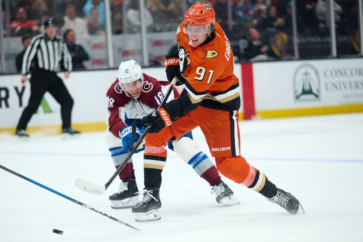 The Anaheim Ducks center Leo Carlsson (91) shoots a goal attempt  during an NHL game against The Colorado Avalanche, March 3rd, 2026 in Anaheim California.