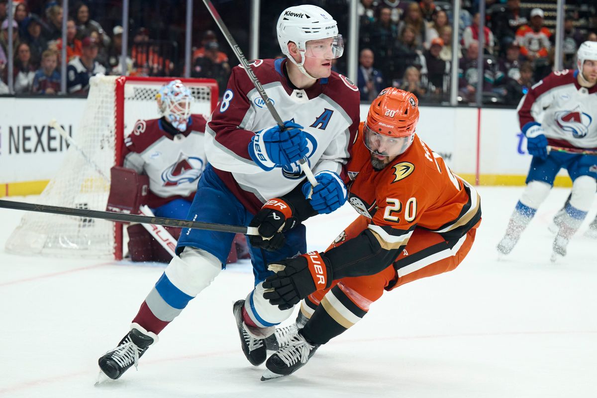 The Anaheim Ducks left wing Chris Kreider (20) fights for possession during an NHL game against The Colorado Avalanche, March 3rd, 2026 in Anaheim California.