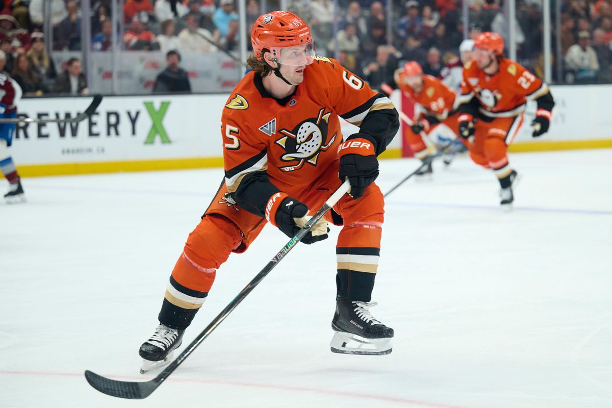 The Anaheim Ducks defender Jacob Trouba (65) clears the puck during an NHL game against The Colorado Avalanche, March 3rd, 2026 in Anaheim California.