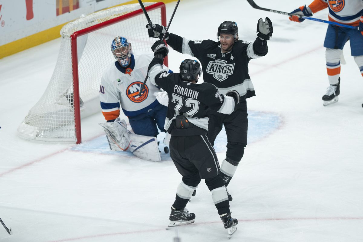 LA Kings left wing Artemi Panarin (72) celebrates with defensiveman Drew Doughty (8) after scoring a goal during an NHL game between the New York Islanders and the Los Angeles Kings on Thursday, March 5, 2026 at Crypto.com Arena in Los Angeles Calif