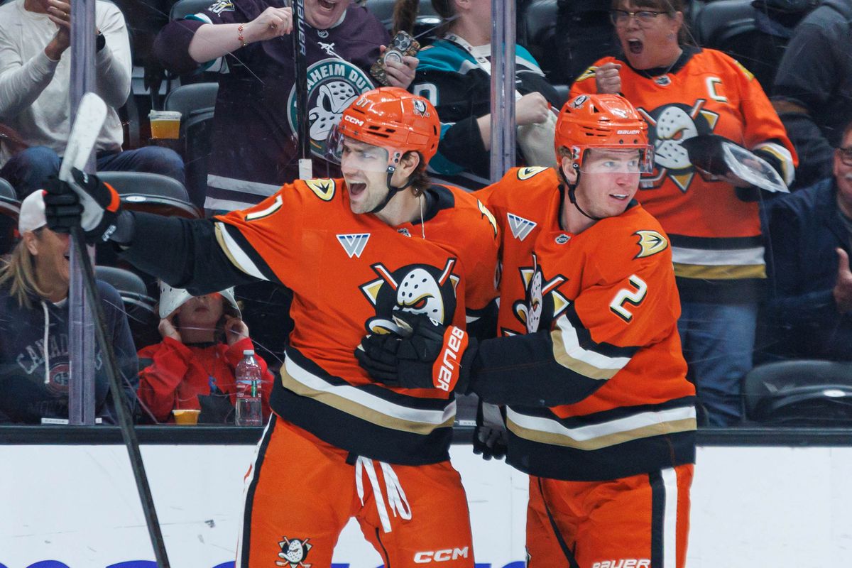 Anaheim Ducks left wing Cutter Gauthier (61) celebrates with defenseman Jackson LaCombe (2) after scoring a goal during an NHL match against the Montreal Canadiens on March 6, 2026 in Anaheim, California. Anaheim Ducks left wing Cutter Gauthier (61) celebrates with defenseman Jackson LaCombe (2) after scoring a goal during an NHL match against the Montreal Canadiens on March 6, 2026 in Anaheim, California.