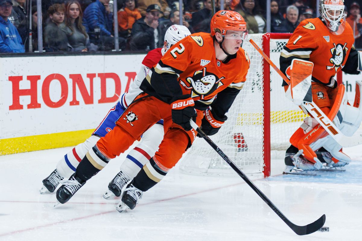 Anaheim Ducks defenseman Jackson LaCombe (2) skates with the puck during an NHL match against the Montreal Canadiens on March 6, 2026 in Anaheim, California. Anaheim Ducks defenseman Jackson LaCombe (2) skates with the puck during an NHL match against the Montreal Canadiens on March 6, 2026 in Anaheim, California.
