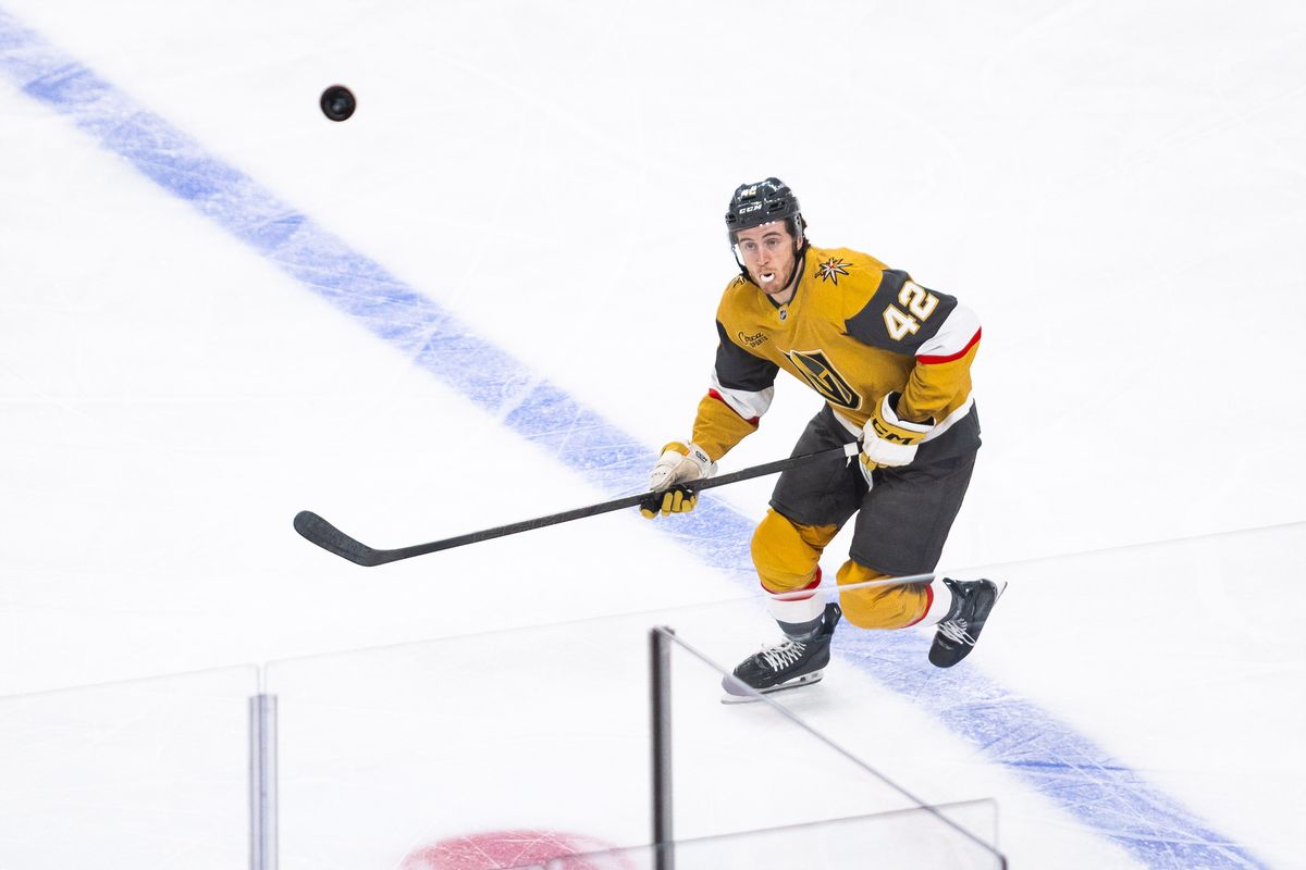 Vegas Golden Knights right-wing Braeden Bowman (42) looks at a deflected puck during a NHL game between the Vegas Golden Knights and the Minnesota Wild, Friday March 6, 2026 in Las Vegas, Nev.