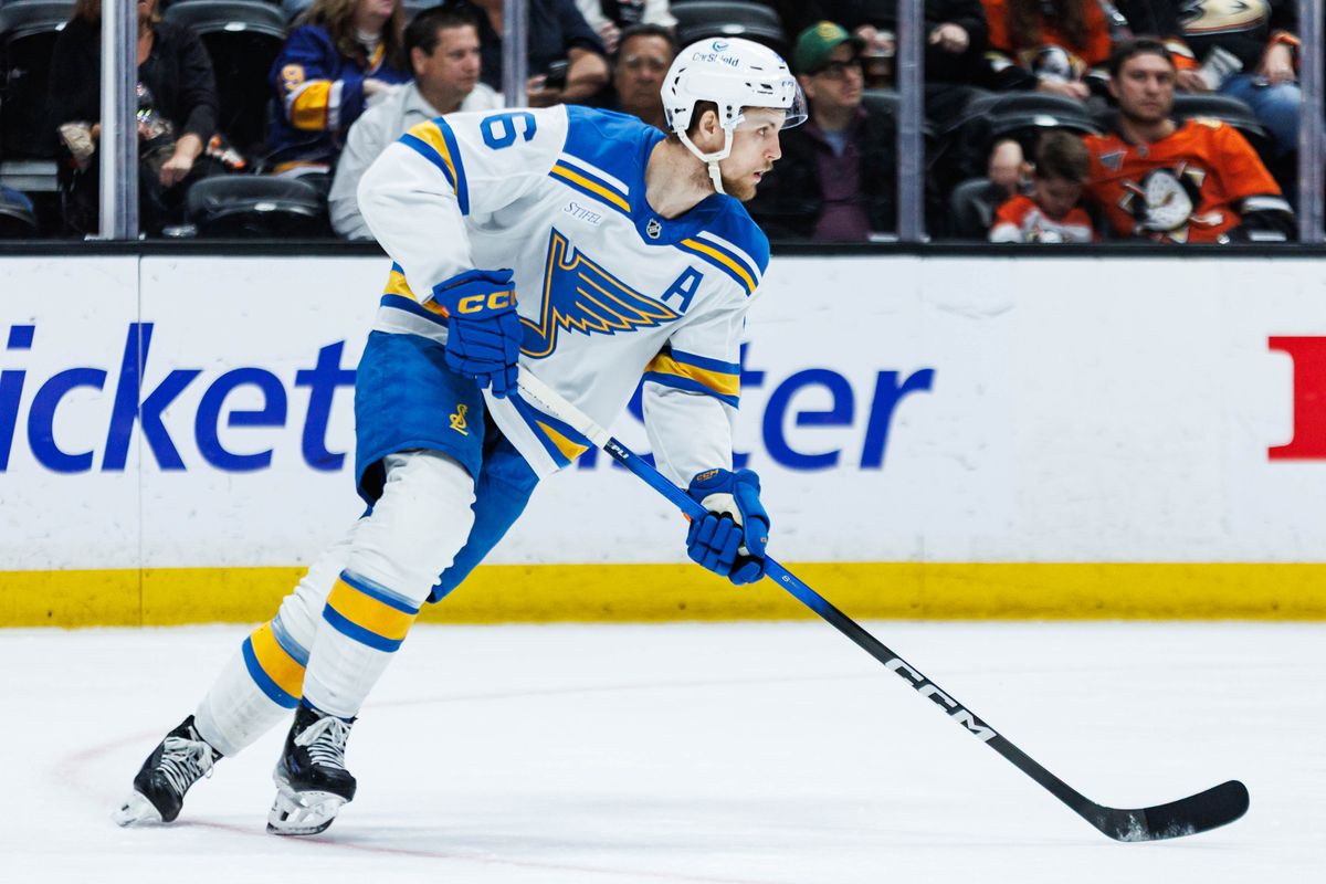St. Louis Blues defenseman Philip Broberg (6) skates with the puck during an NHL match against the Anaheim Ducks on March 8, 2026 in Anaheim, California. St. Louis Blues defenseman Philip Broberg (6) skates with the puck during an NHL match against the Anaheim Ducks on March 8, 2026 in Anaheim, California.