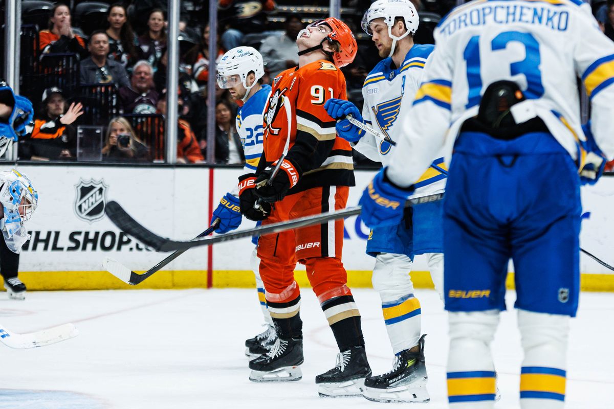 Anaheim Ducks center Leo Carlsson (91) reacts after a goal attempt during an NHL match against the St. Louis Blues on March 8, 2026 in Anaheim, California. Anaheim Ducks center Leo Carlsson (91) reacts after a goal attempt during an NHL match against the St. Louis Blues on March 8, 2026 in Anaheim, California.