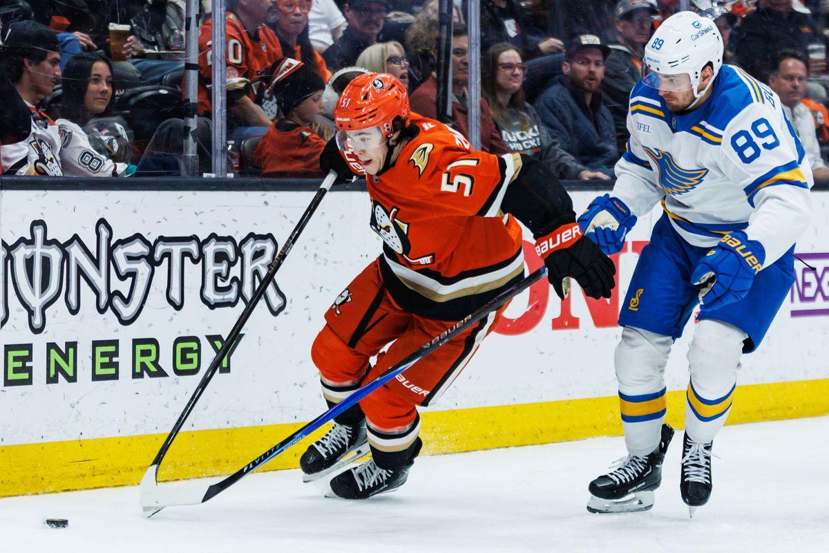 Anaheim Ducks defenseman Olen Zellweger (51) defends the puck during an NHL match against the St. Louis Blues on March 8, 2026 in Anaheim, California. Anaheim Ducks defenseman Olen Zellweger (51) defends the puck during an NHL match against the St. Louis Blues on March 8, 2026 in Anaheim, California.