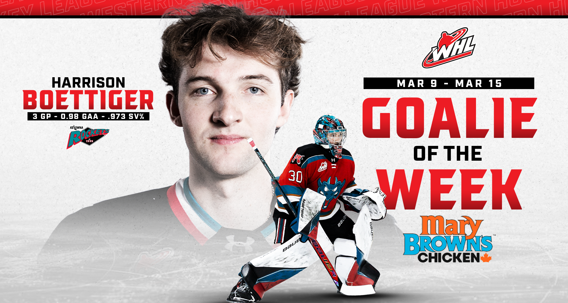 2026 NHL Draft-eligible netminder Boettiger named Mary Brown's Chicken WHL Goaltender of the Week